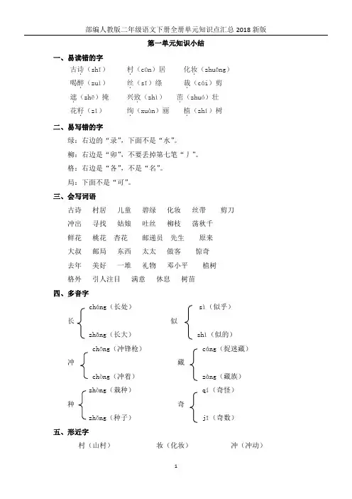 部编人教版二年级语文下册全册单元知识点汇总2018新版