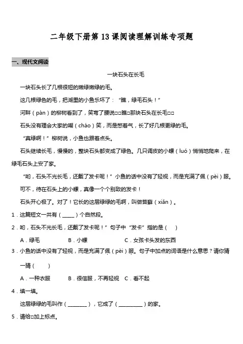 统编版二年级语文下册试题第13课《画杨桃》阅读专项训练题 (附答案)