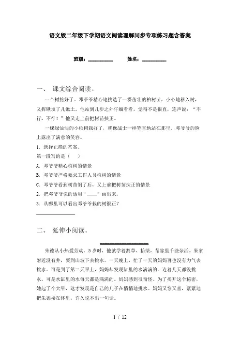 语文版二年级下学期语文阅读理解同步专项练习题含答案