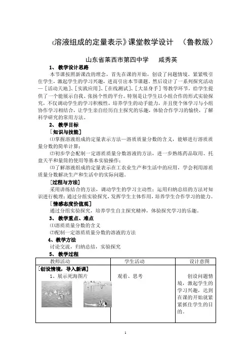 《溶液组成的定量表示》课堂教学设计(鲁教版)