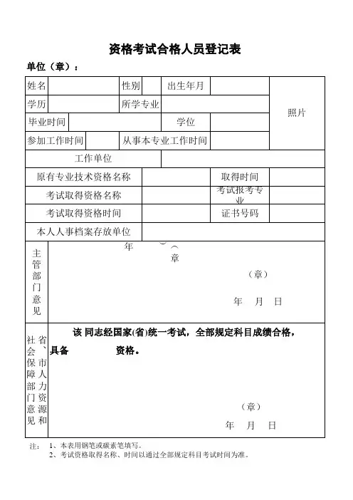 二级建造师资格考试合格人员登记表