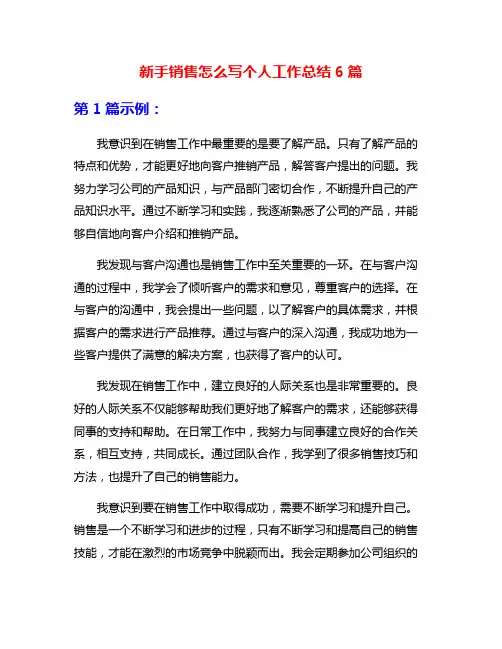 新手销售怎么写个人工作总结6篇
