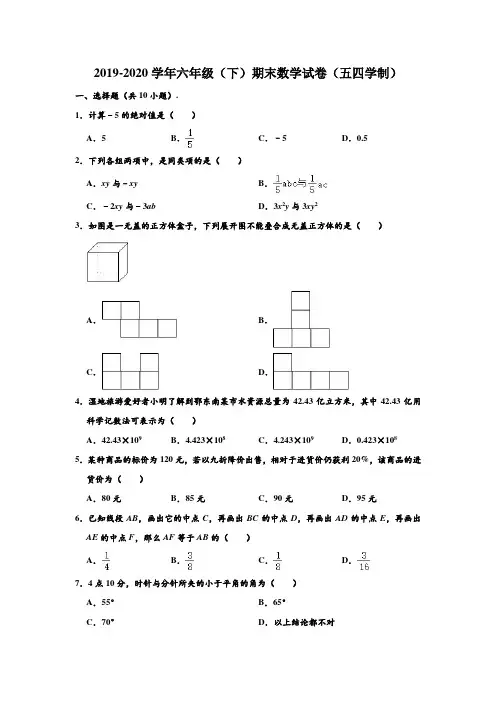 2019-2020学年黑龙江省大庆市肇源县六年级下学期期末数学试卷(五四学制) (解析版)