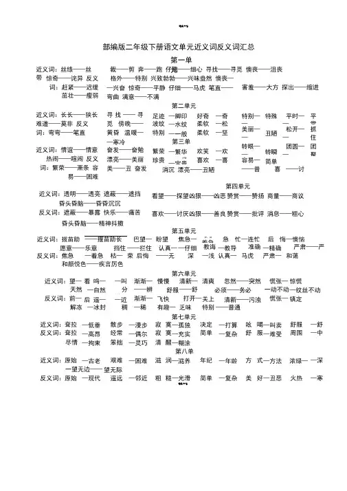 部编版二年级下册语文单元近义词反义词汇总