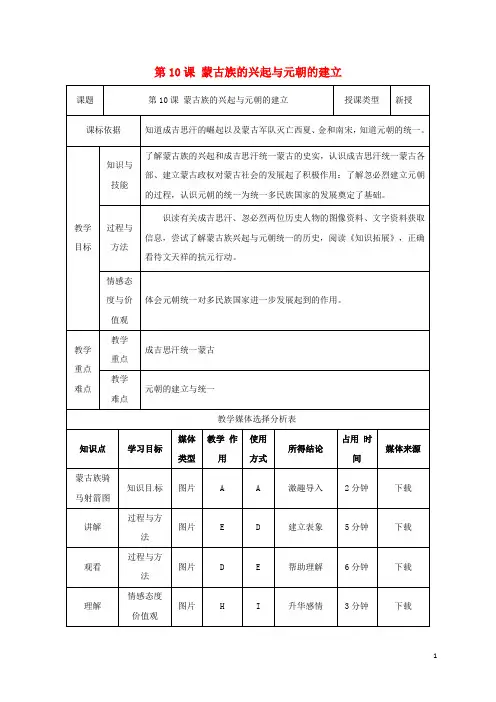 七年级历史下册第二单元辽宋夏金元时期：民族关系发展和社会变化第10课蒙古族的兴起与元朝的建立教案新人