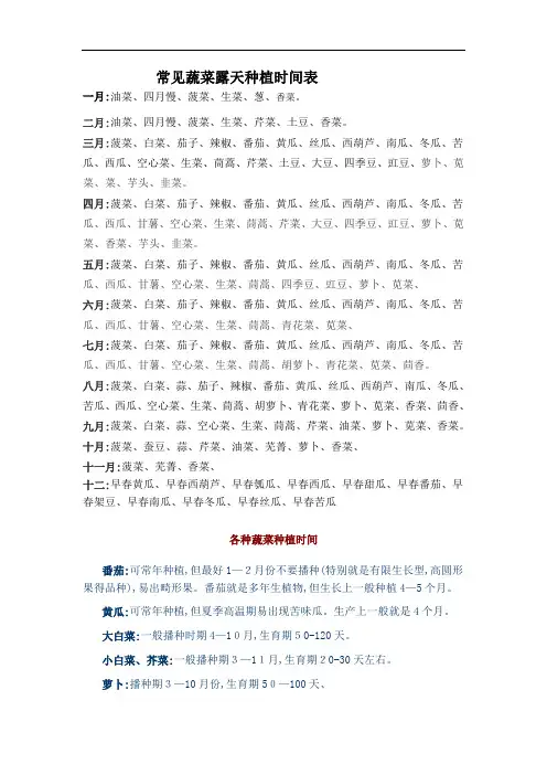常见蔬菜露天种植时间表