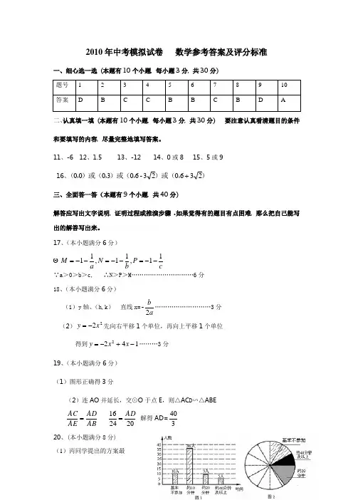2010年中考模拟试卷   数学参考答案及评分标准