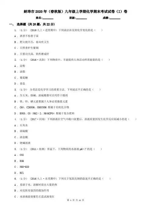 蚌埠市2020年(春秋版)九年级上学期化学期末考试试卷(I)卷
