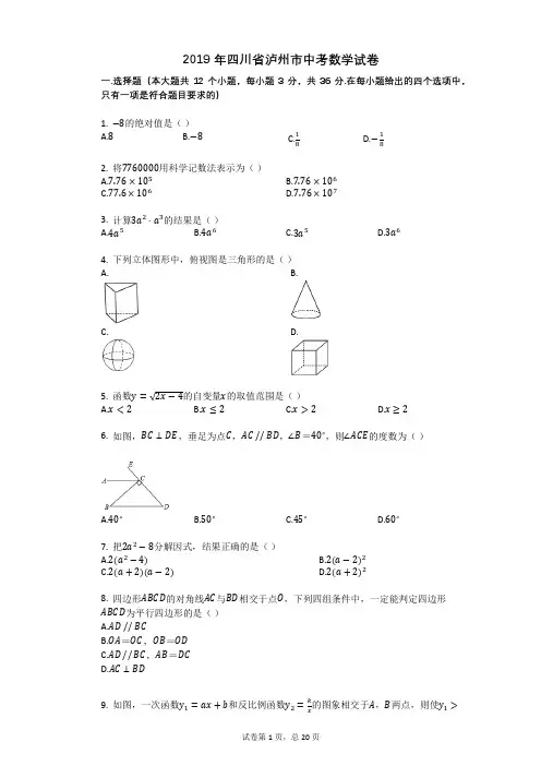 2019年四川省泸州市中考数学试卷