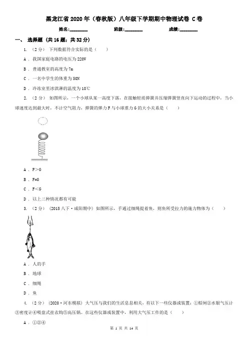 黑龙江省2020年(春秋版)八年级下学期期中物理试卷 C卷