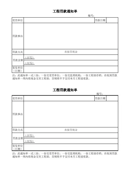 工程施工管理奖罚条例附件——工程罚款通知单