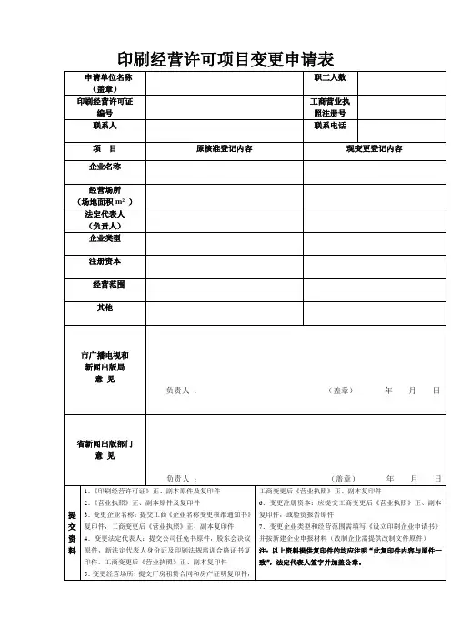 印刷经营许可项目变更申请表