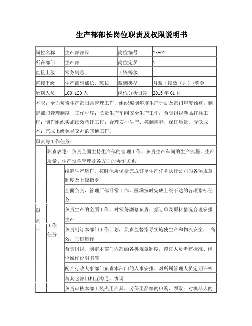 生产部部长岗位职责及权限说明书