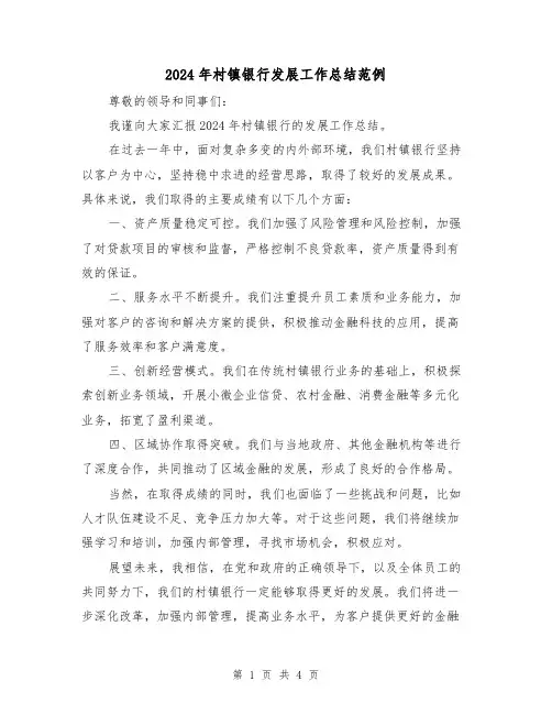 2024年村镇银行发展工作总结范例(二篇)