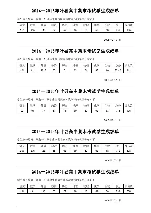 叶县高中高一期末成绩单