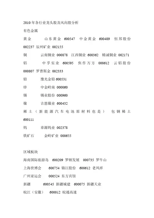 2010年各行业龙头股及风向股分析