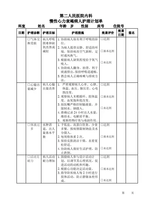慢性心力衰竭病人护理计划单
