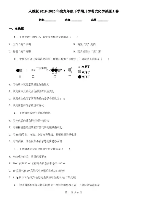 人教版2019-2020年度九年级下学期开学考试化学试题A卷(模拟)