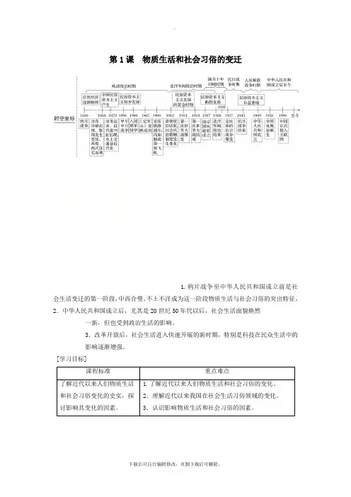 2021学年高中历史专题四中国近现代社会生活的变迁第1课物质生活和社会习俗的变迁学案人民版必修2