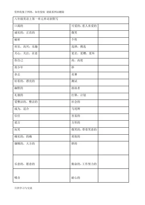 苏教版八年级英语上单词默写表