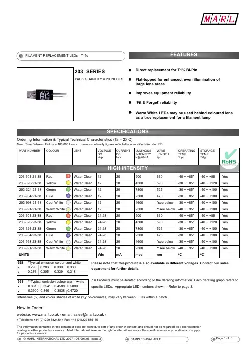 MARL 203 SERIES PACK QUANTITY = 20 PIECES 说明书
