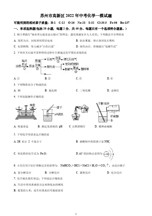 苏州市高新区2022年中考化学一模试题(含解析)