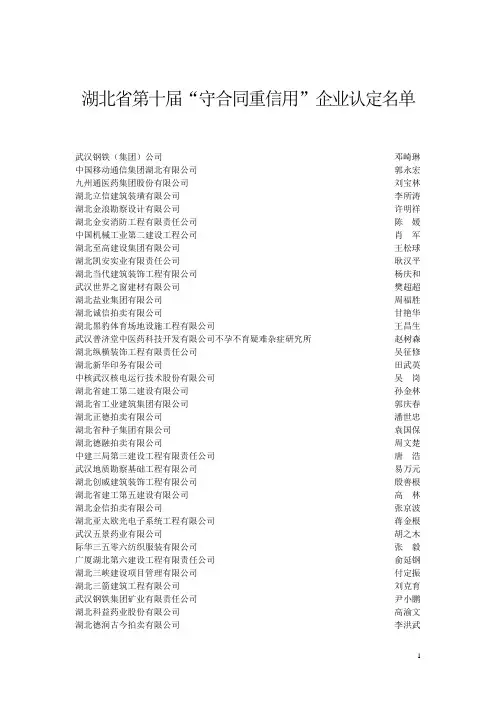 湖北省第十届“守合同重信用”企业认定名单