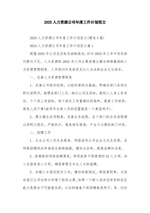 2025人力资源公司年度工作计划范文