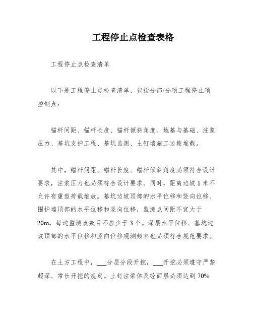 工程停止点检查表格