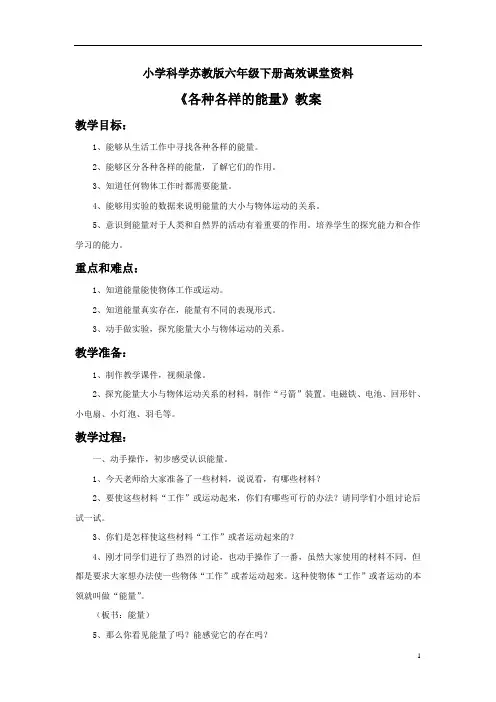 小学科学苏教版六年级下册高效课堂资料《1. 各种各样的能量》教案2
