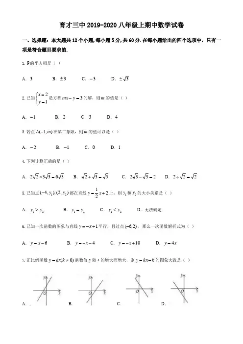 广东省深圳市育才三中2019-2020学年度八年级上期中数学试卷