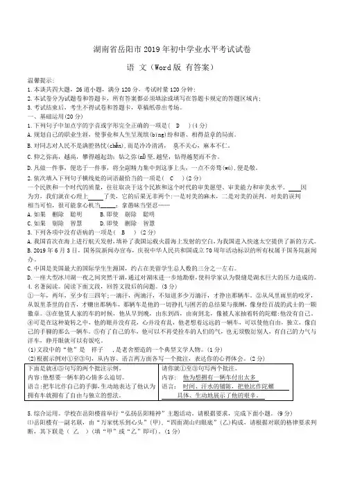 【中考真题】湖南省岳阳市2019年中考语文试题含答案