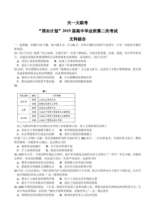 河南省天一大联考“顶尖计划”2019届高三第二次考试(2月) 文综历史试题 word版