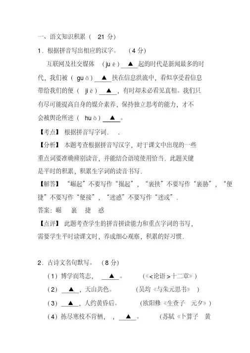 2020中考语文全真模拟试题解析版