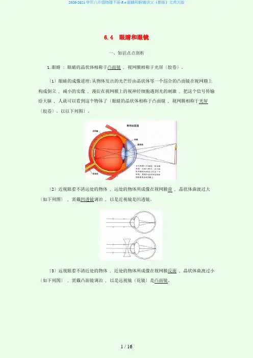 学年八年级物理下册 6.4 眼睛和眼镜讲义(新版)北师大版