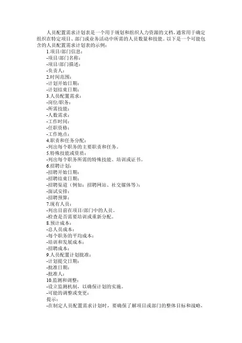 人员配置需求计划表