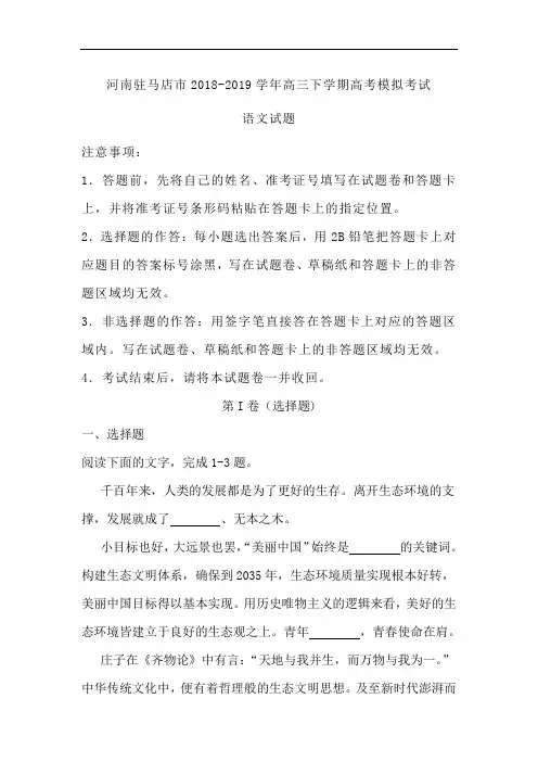 河南驻马店市2018-2019学年高三下学期高考模拟考试语文试题(含解析)