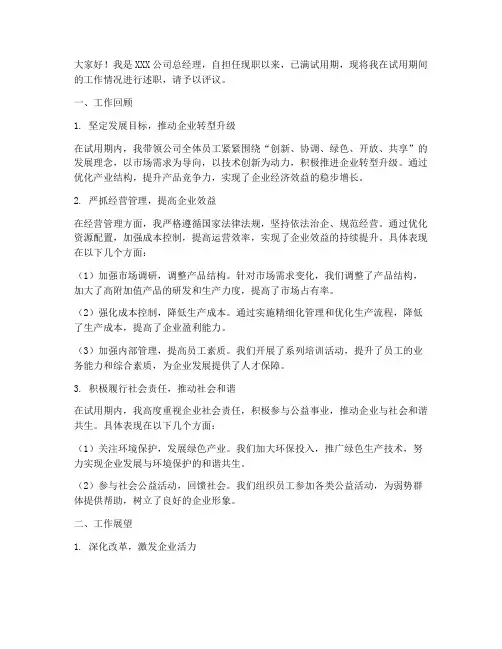 国企总经理转正述职报告