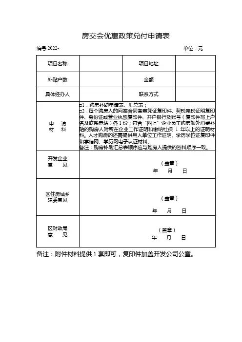 房交会优惠政策兑付申请表