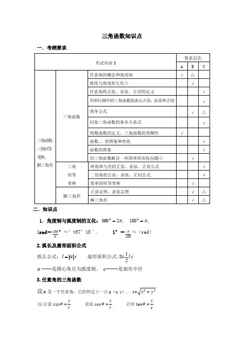 高中文科数学三角函数知识点总结