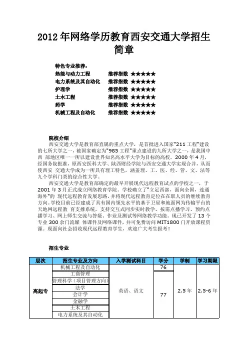 2012年网络学历教育西安交通大学招生简章