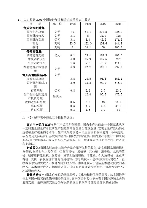 根据2009中国统计年鉴相关内容填写表中数据
