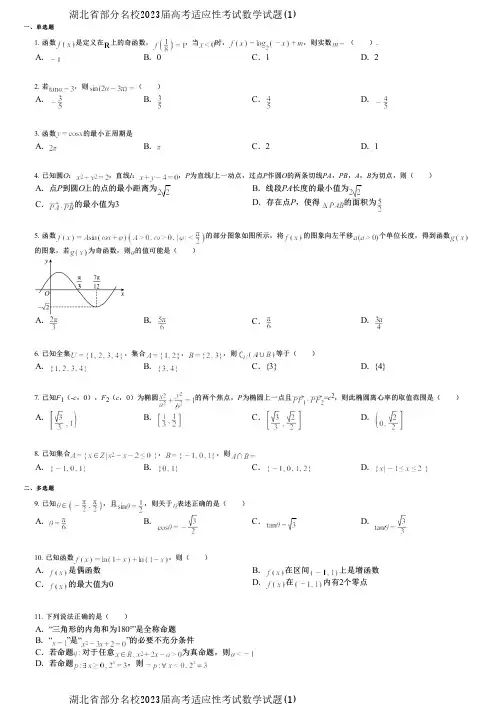 湖北省部分名校2023届高考适应性考试数学试题(1)