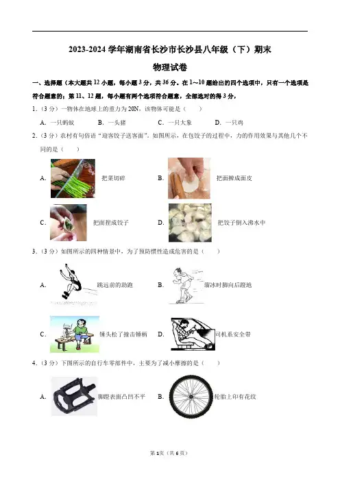 2023-2024学年湖南省长沙市长沙县八年级(下)期末物理试卷及答案解析