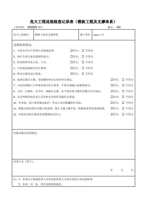 危大工程巡视检查记录表(模板工程及支模体系)通用模板