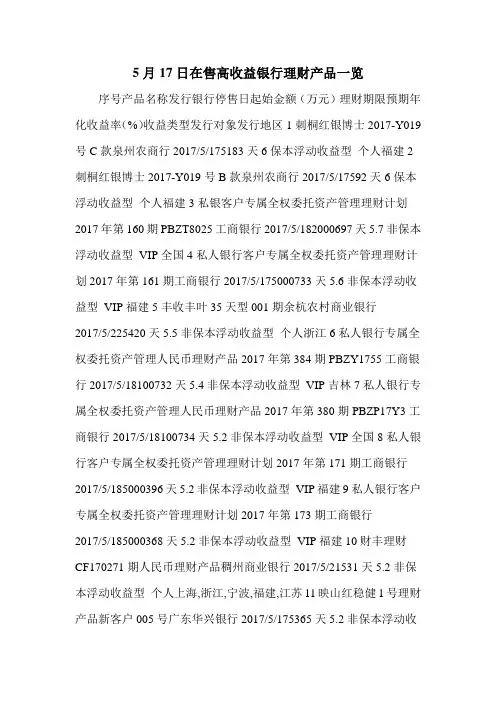 5月17日在售高收益银行理财产品一览