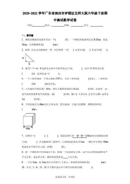 2020-2021学年广东省深圳市罗湖区北师大版六年级下册期中测试数学试卷(含答案解析)