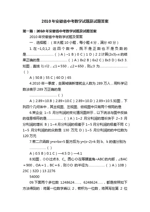 2010年安徽省中考数学试题及试题答案