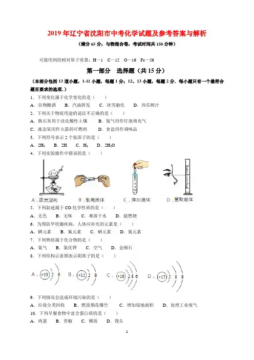 2019年辽宁省沈阳市中考化学试题及参考答案(word解析版)