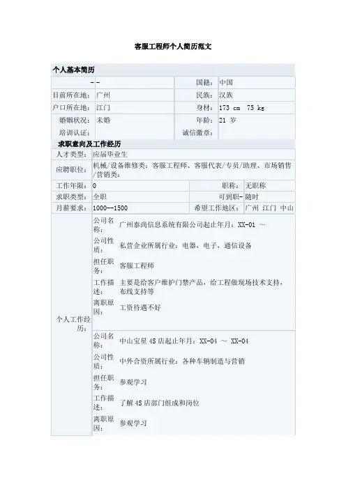 客服工程师个人简历范文
